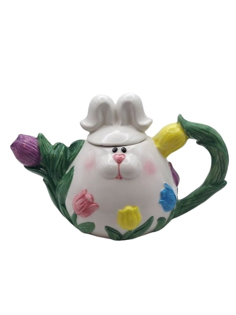 Vintage Ceramic Bunny Tulip Teapot Easter Rabbit Floral Spring Tea Pot w/ Lid